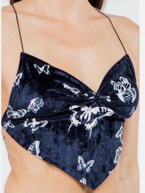 Bear Dance Butterfly Velvet Crop Top Crisscross Back Tie Navy Blue Large NEW NIP